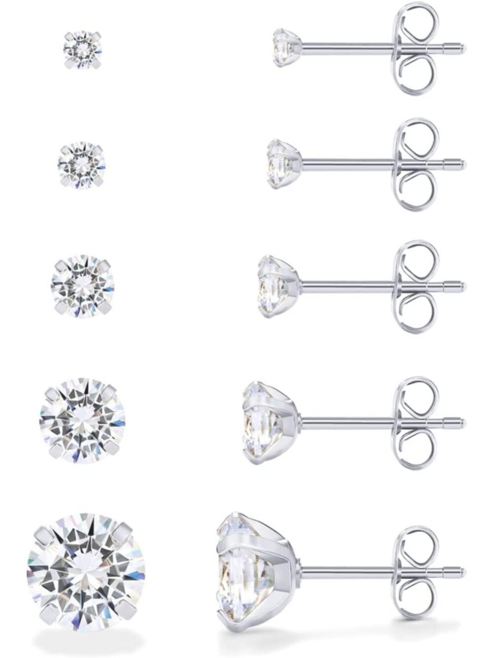 Waterproof CZ Stud Earrings Set of 5, 14K Gold Plated, Perfect for Women